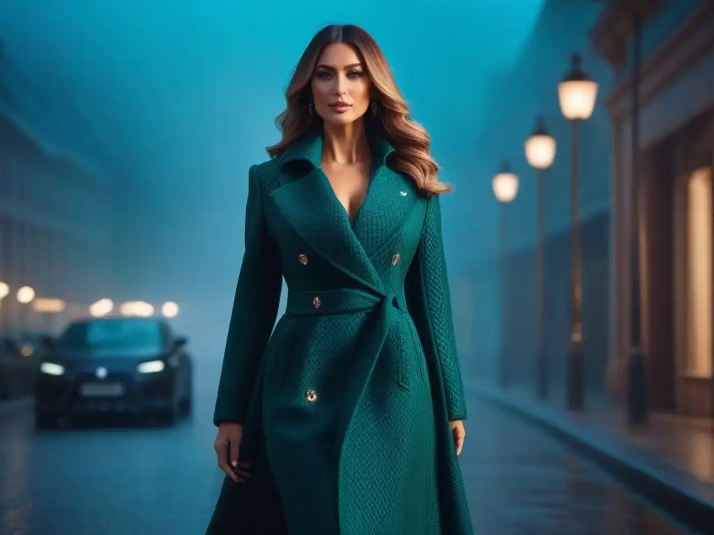 Mujer elegante en abrigo moderno azul y verde en la ciudad de noche Guía abrigos chaquetas tallas altas: Mujer alta y elegante con abrigo largo y moderno en azul y verde, confiada en la ciudad de noche