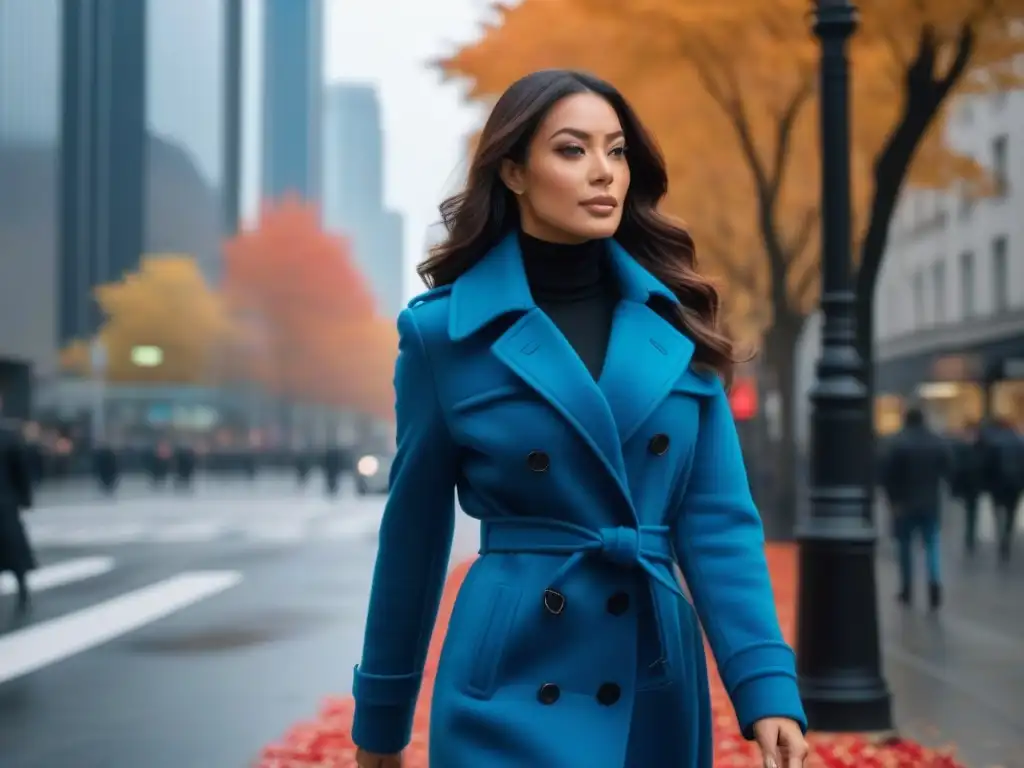 Mujer alta y segura en la ciudad: moda y sofisticación urbana Guía de abrigos y chaquetas para tallas altas: mujer segura y elegante caminando en una bulliciosa calle de la ciudad con un abrigo chic