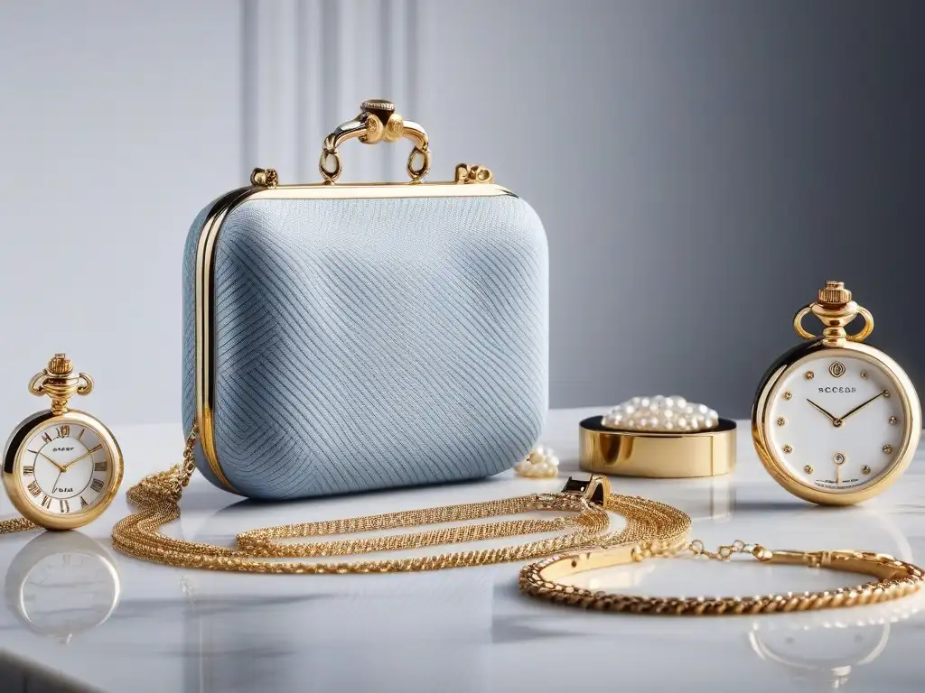 Exclusiva colección de accesorios de lujo en mesa de mármol blanco Accesorios de alta gama para eventos especiales exhibidos con elegancia en una mesa de mármol blanco, iluminados suavemente