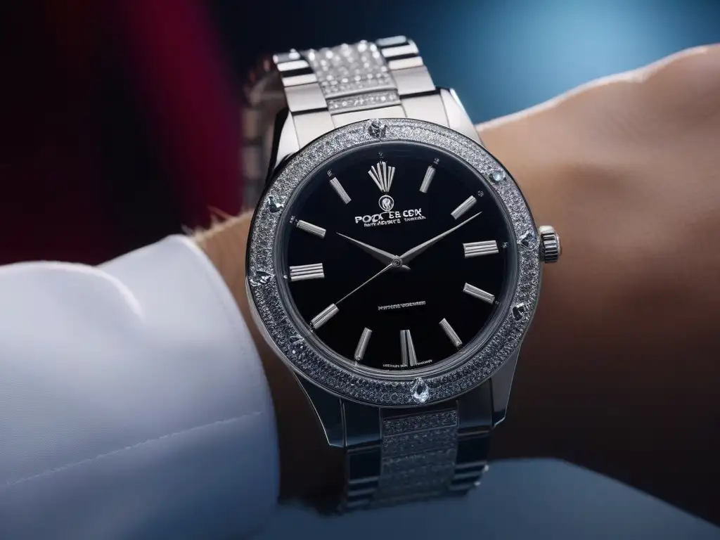 Reloj de diseñador con diamantes: lujo y estilo Accesorios de alta gama para eventos de moda: Reloj de diseñador con detalles de diamantes y acero inoxidable pulido en una muñeca elegante