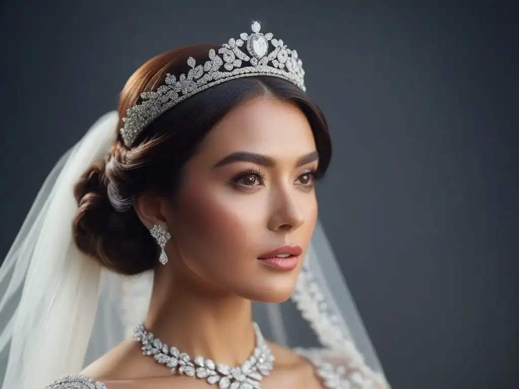 Tiara nupcial de diamantes: lujo y sofisticación Accesorios de boda lujo inclusivos: Tiara de diamantes exquisita en una novia radiante y elegante