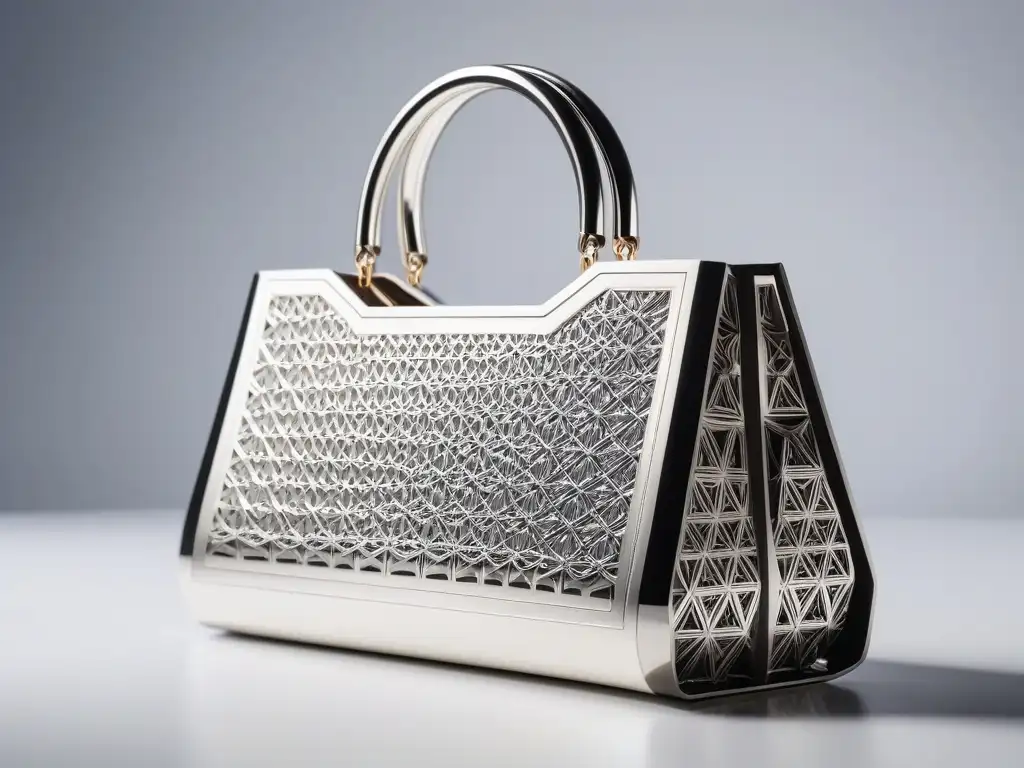 Bolso futurista 3D impreso en plata brillante Accesorios moda impresión 3D: Bolso futurista plateado con patrones geométricos y acabado brillante