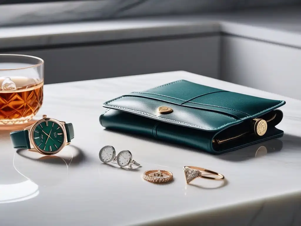 Ensemble de viaje de lujo: accesorios elegantes sobre mármol Accesorios para viajar con estilo: conjunto de viaje moderno y elegante sobre una elegante encimera de mármol