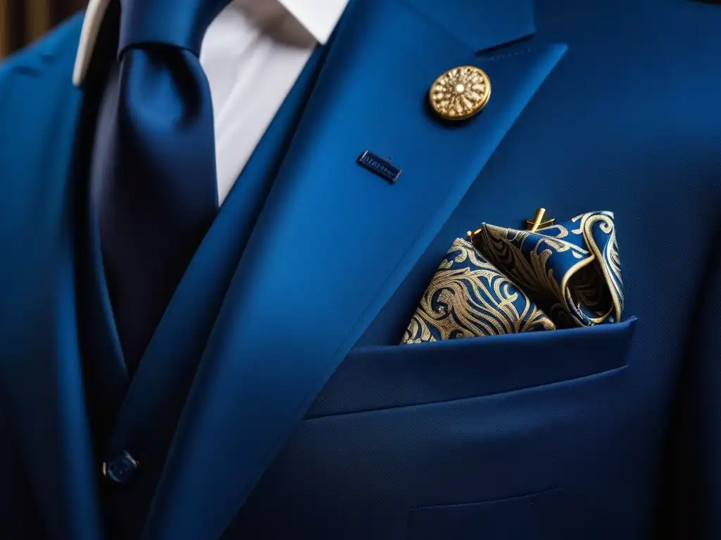 Conjunto de gemelos y pañuelo de seda de lujo en traje azul marino Accesorios de lujo para trajes a medida: elegantes gemelos y pañuelo de seda, detalle y sofisticación en azul marino