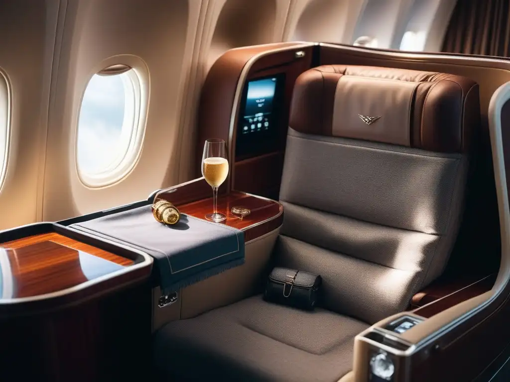 Suntuoso asiento de primera clase con lujosos accesorios de viaje Accesorios de lujo para viajes: Asiento de avión de primera clase con comodidades premium