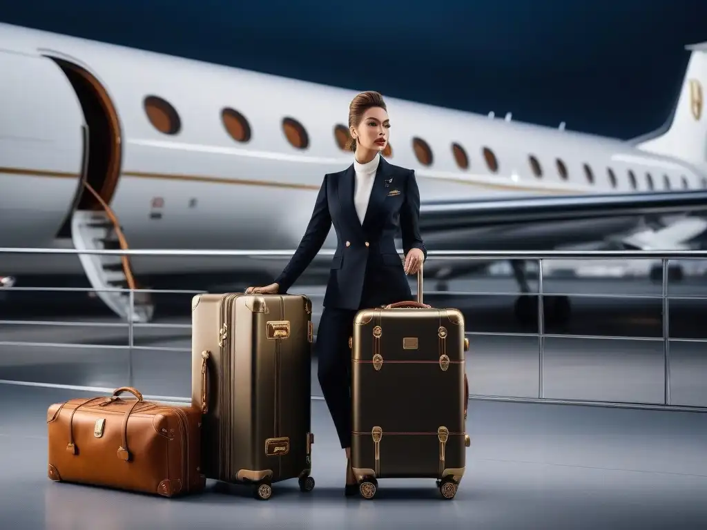 Maletas de lujo: sofisticación y elegancia para viajeros de primera clase Accesorios de lujo para viajes: Conjunto de maletas de cuero premium y equipaje de mano de diseñador en elegante sala de aeropuerto