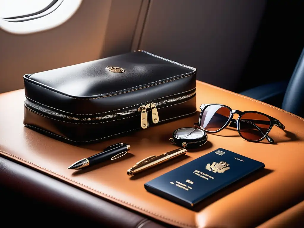 Organizador de viaje de lujo en cabina de primera clase Accesorios de lujo para viajes: Organizador de cuero elegante rodeado de artículos exclusivos en una cabina de avión de primera clase