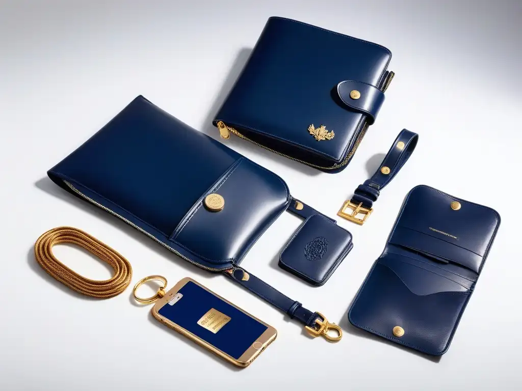 Set de viaje de lujo en cuero azul marino y oro Accesorios de lujo para viajes: Set organizador de viaje en cuero azul marino y detalles en oro, sobre fondo blanco minimalista