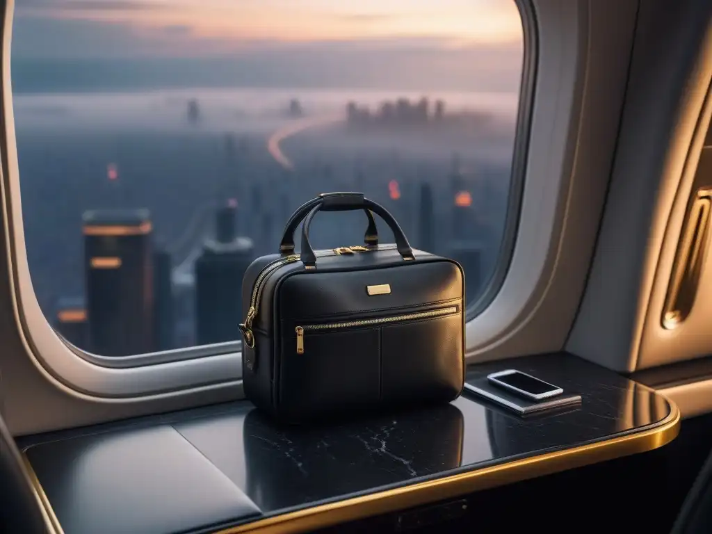 Exclusiva bolsa de viaje de lujo en cuero negro y detalles dorados Accesorios de lujo para viajes: sofisticada bolsa de tecnología de viaje en cuero negro y detalles dorados, sobre encimera de mármol