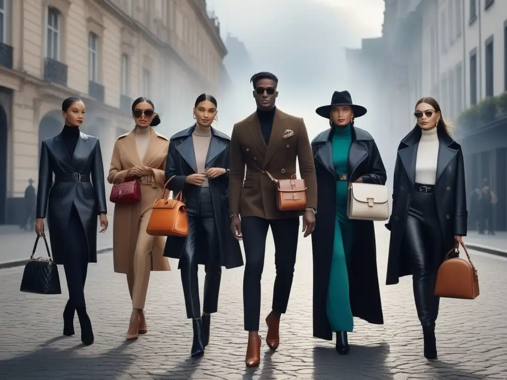 Estilo diverso con bolsos de diseñador: lujo inclusivo en la ciudad Accesorios de moda alta gama inclusiva: Grupo diverso y elegante con bolsos de diseñador en una calle urbana chic