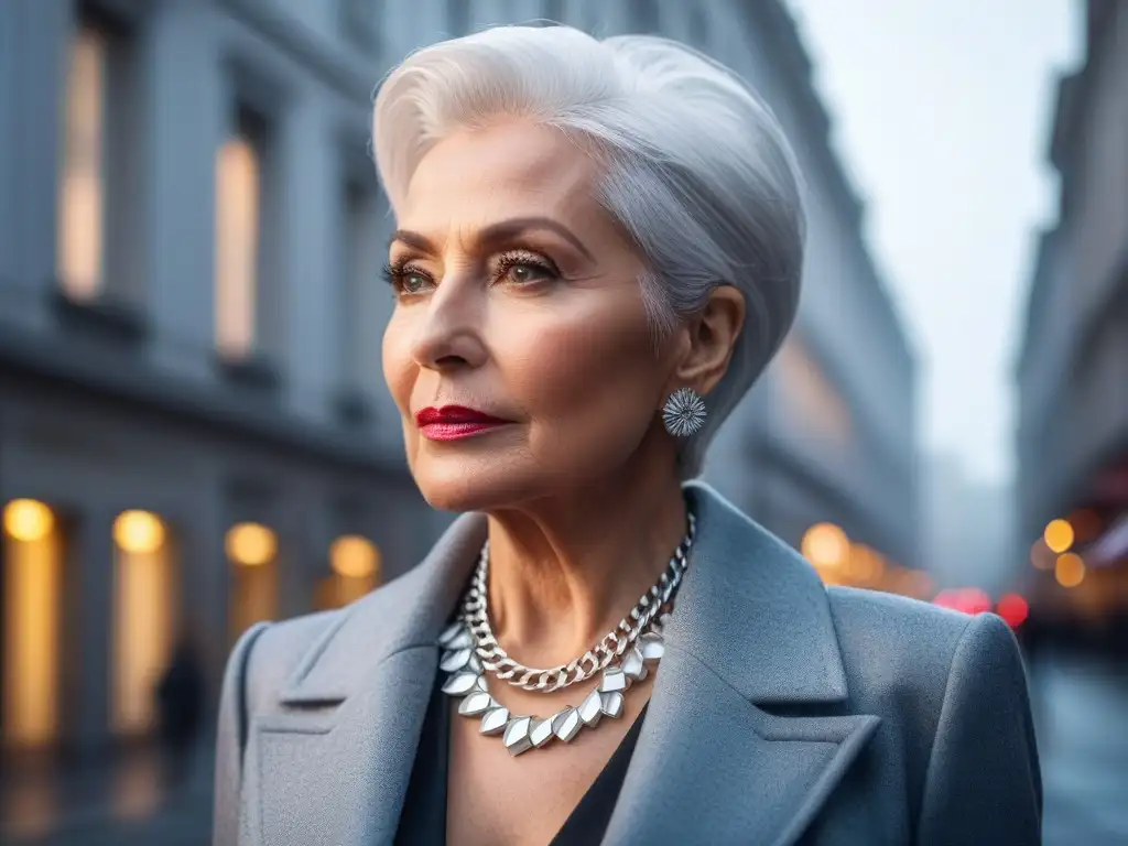 Elegante mujer mayor con collar y estilo urbano Accesorios moda senior tallas especiales: Mujer mayor elegante con cabello plateado, luciendo un collar llamativo en un entorno urbano moderno