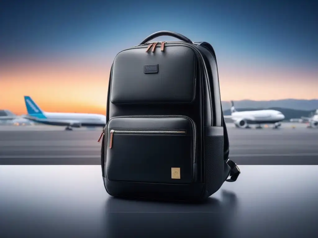 Mochila de viaje moderna con USB y compartimentos organizados en aeropuerto Accesorios de viaje para moda inclusiva: mochila moderna con diseño elegante en aeropuerto bullicioso