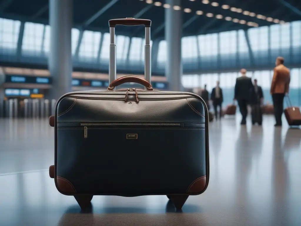 Conjunto de equipaje de lujo en aeropuerto moderno Accesorios de viaje para moda inclusiva: Conjunto de equipaje de lujo elegante en un aeropuerto bullicioso