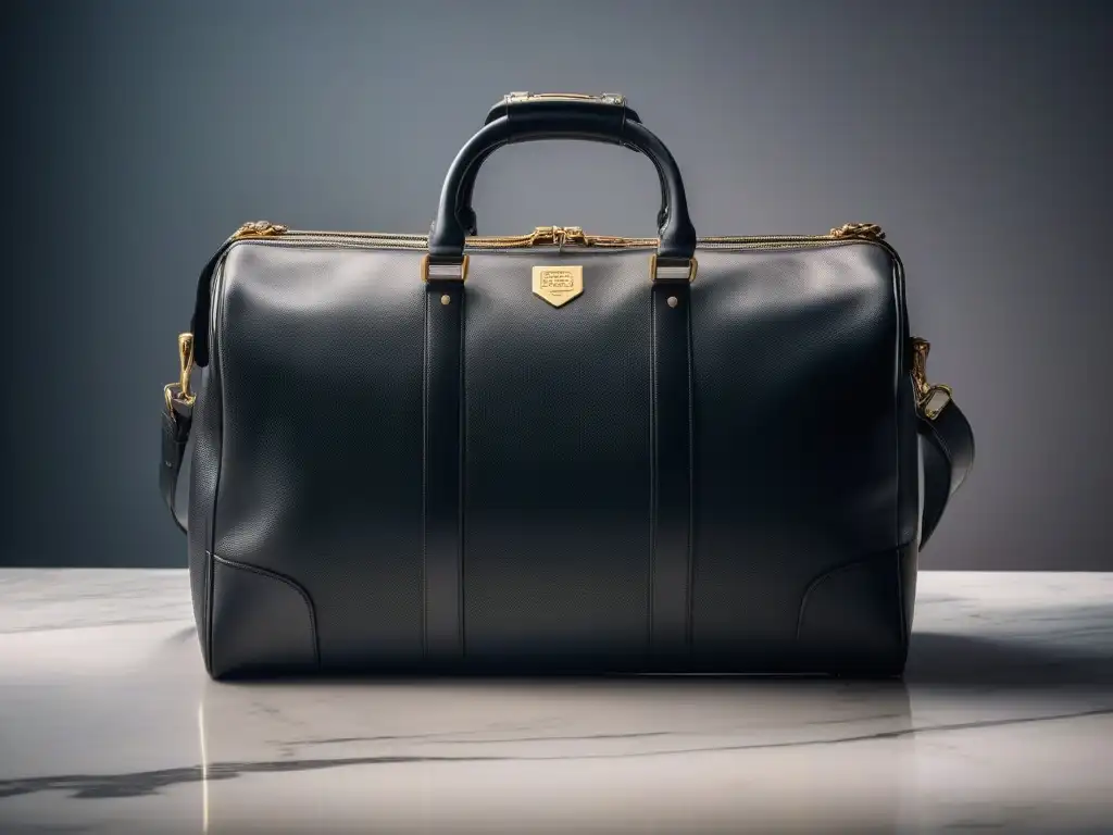 Maleta de lujo en cuero sobre mármol: elegancia y sofisticación para viajar Accesorios de viaje para mujeres: Bolso de lujo de cuero, gafas de sol, pasaporte y pañuelo en elegante escenario de viaje