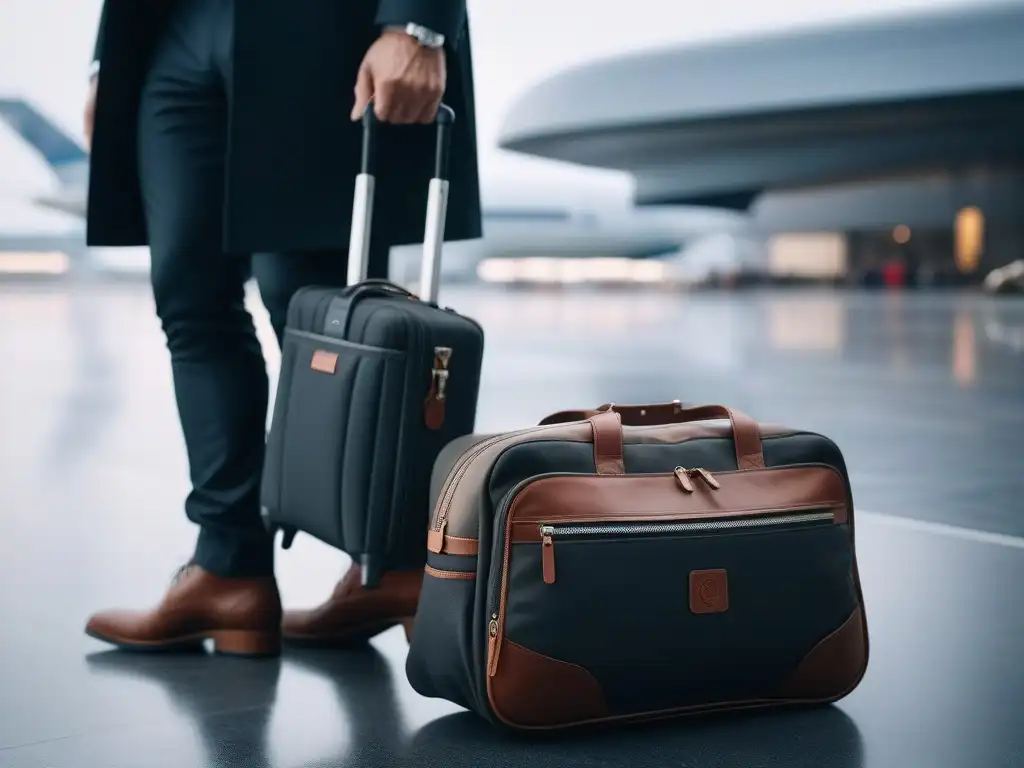 Moderna maleta de viaje para mujer con cargador integrado en aeropuerto Accesorios de viaje para mujeres: Una elegante maleta moderna con cargador integrado, ideal para la mujer contemporánea en un aeropuerto bullicioso