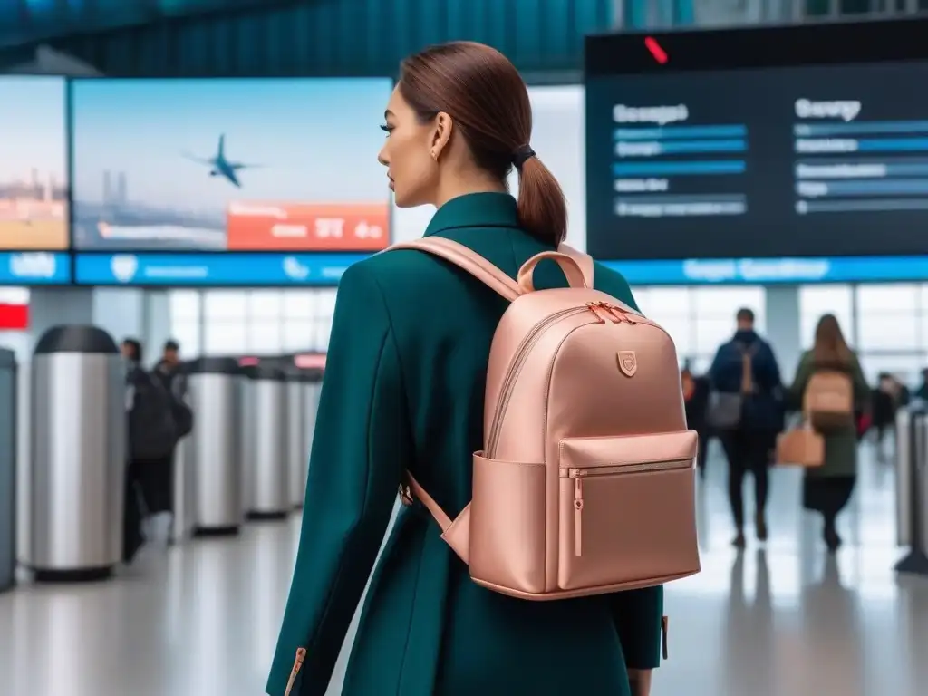 Mochila de viaje moderna para mujeres en aeropuerto Accesorios de viaje para mujeres: Mochila moderna y elegante en un aeropuerto bullicioso, reflejando empoderamiento y exploración