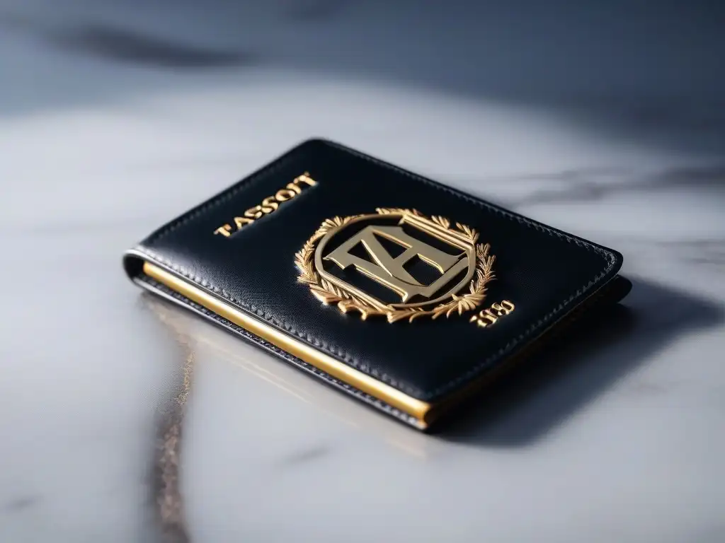 Portadocumentos de lujo personalizado en cuero y oro sobre mármol Accesorios de viaje personalizados inclusivos: Sofisticación y artesanía en un portapasaportes de cuero con detalles dorados