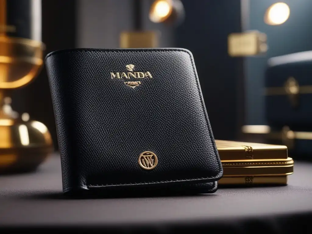 Accesorios de viaje vegano de lujo en negro y dorado Accesorios de viaje veganos de lujo: elegante porta pasaporte negro y dorado junto a etiquetas de equipaje, en un ambiente sofisticado