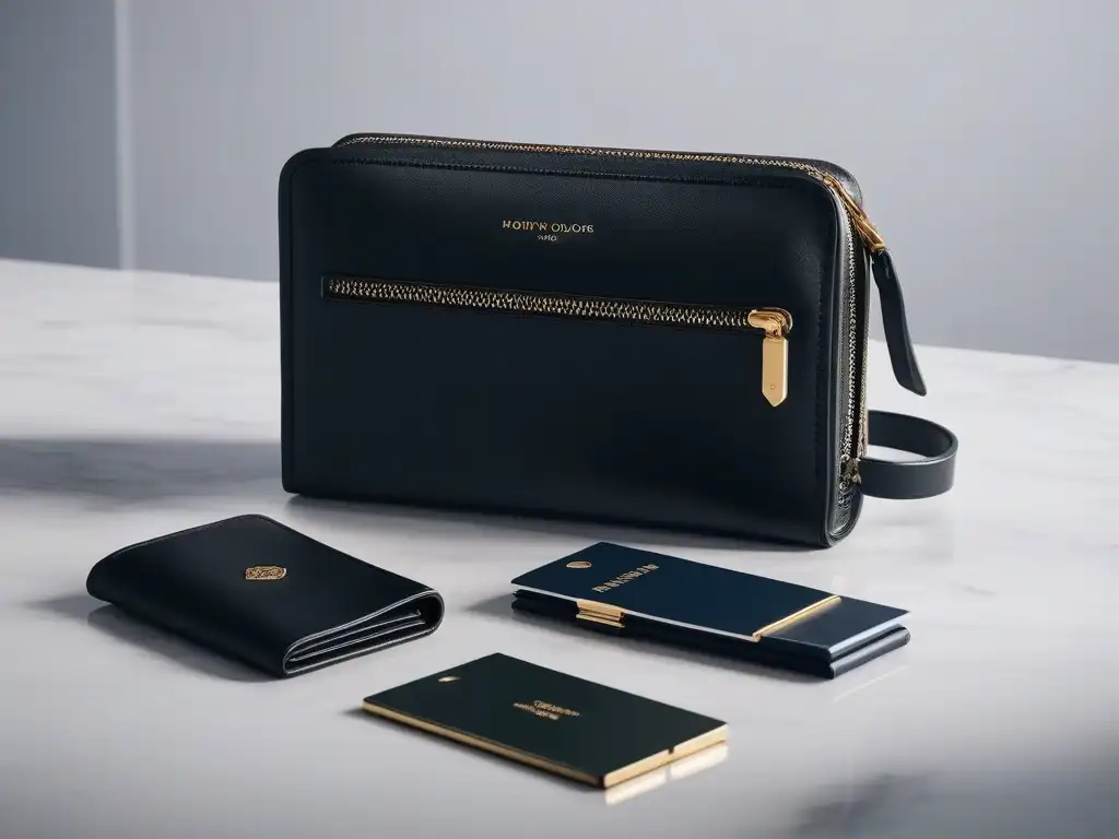 Set de lujo vegano para viajes en mármol Accesorios de viaje veganos de lujo: elegancia y sofisticación en accesorios sin cuero sobre encimera de mármol