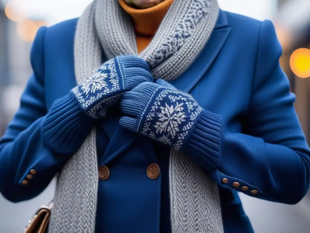 Manos de mujer mayor con elegantes guantes invernales de punto Acercamiento detallado de las elegantes manos de una mujer mayor con guantes invernales, accesorios invernales para seniors