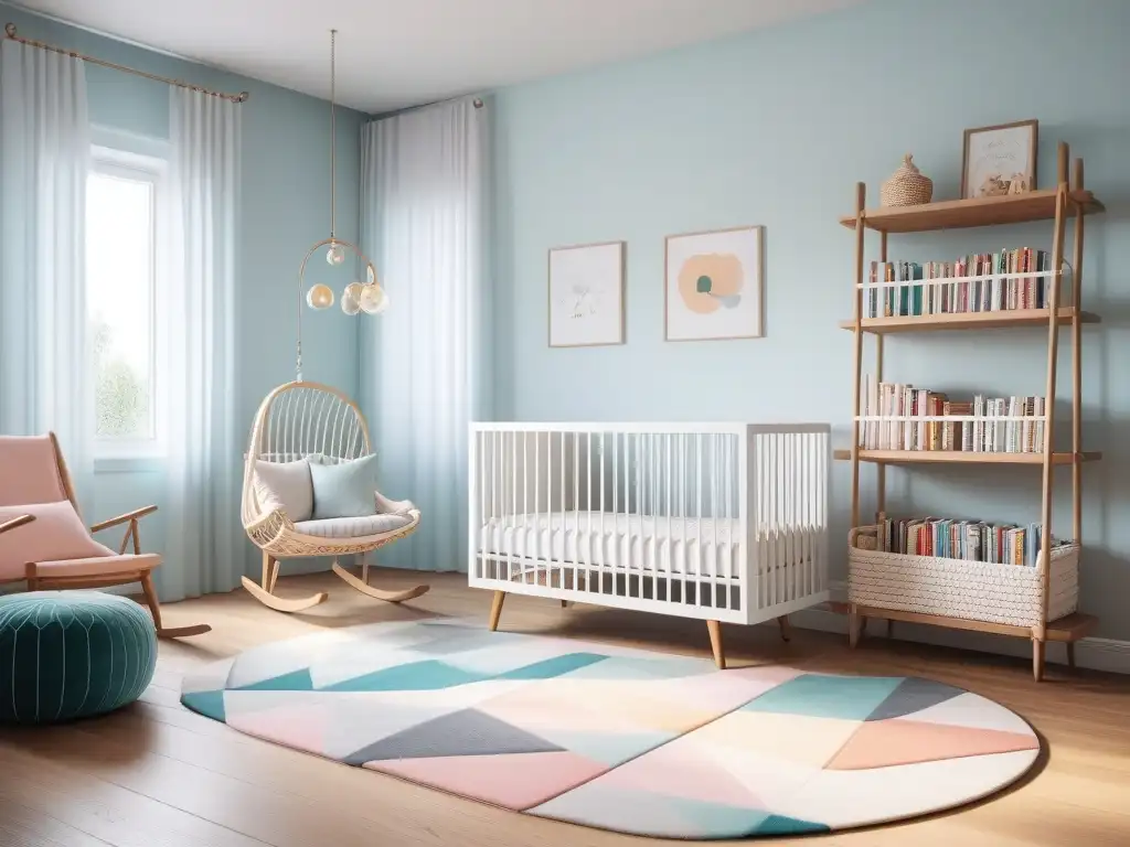 Nursery moderna y acogedora con colores pastel Un acogedor cuarto de bebé moderno con colores suaves y libros infantiles coloridos, ideal para el desarrollo de los niños
