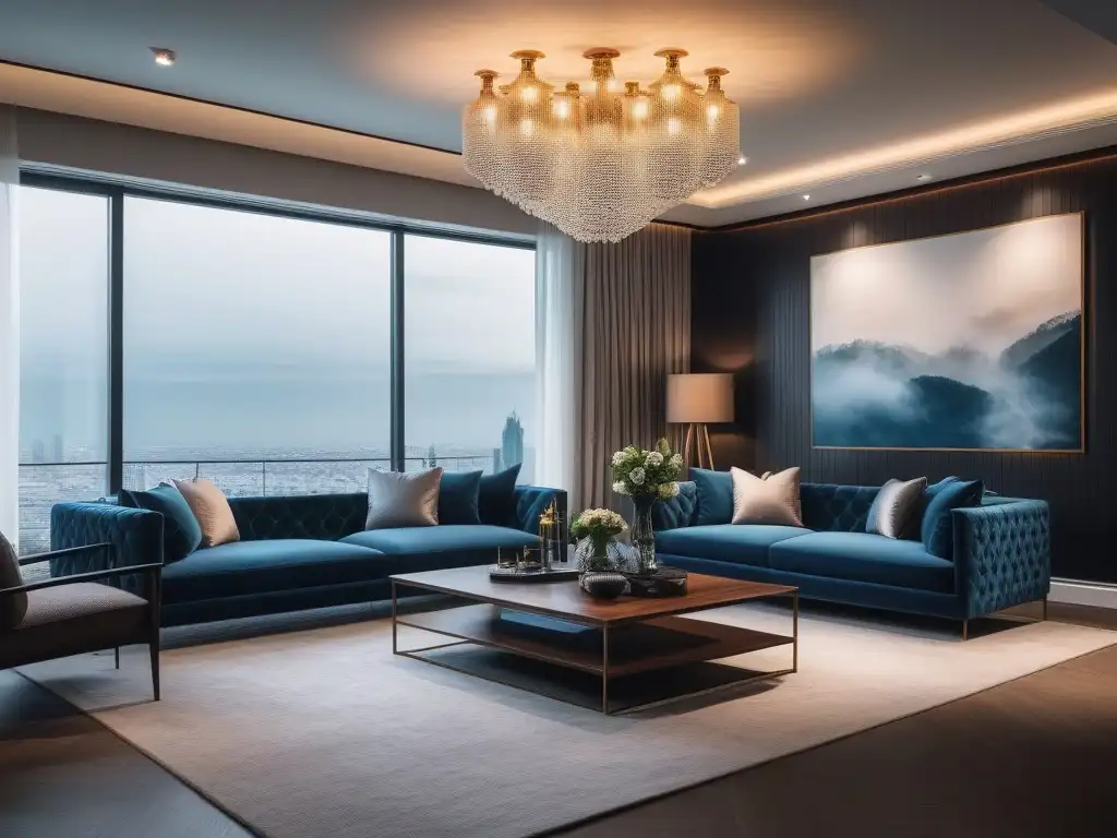 Salón moderno con iluminación de lujo: sofisticación y elegancia Acogedor salón moderno con lámparas de lujo, iluminación cálida resaltando la elegancia del espacio