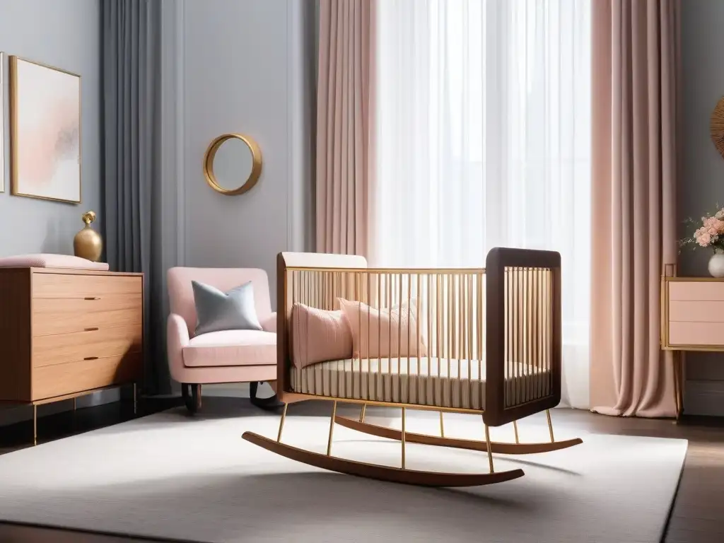 Maternidad elegante: diseño sofisticado de una lujosa cuna en un ambiente tranquilo y moderno Acogedora habitación de bebé con mobiliario elegante y tonos suaves