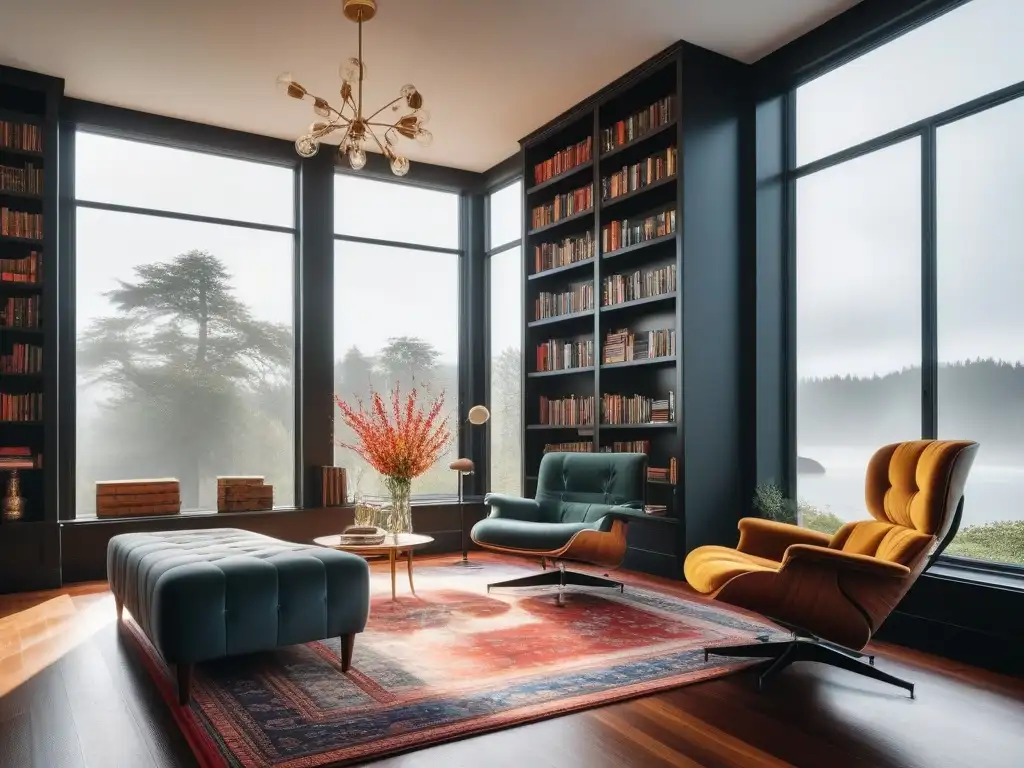 Espléndida biblioteca hogareña moderna con libros de colores y luz natural Acogedora biblioteca en casa con mobiliario de diseño para biblioteca, libros coloridos y luz natural