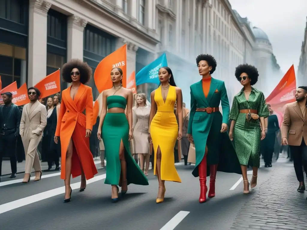 Desfile urbano de moda sostenible: diversidad, creatividad y activismo Manifestación de activismo de moda sostenible diverso en la ciudad: unión, empoderamiento y creatividad por un futuro sostenible en la industria