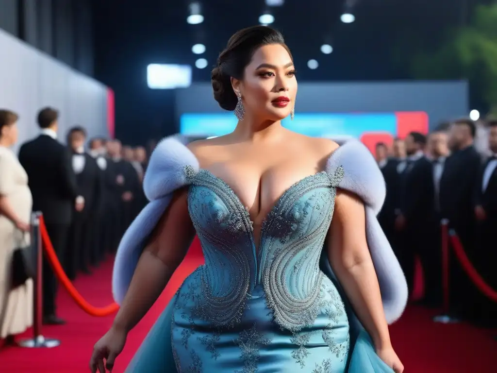 Actriz plus size deslumbra en alfombra roja Una actriz de tallas plus size deslumbra en la alfombra roja de una premiere, rodeada de fotógrafos
