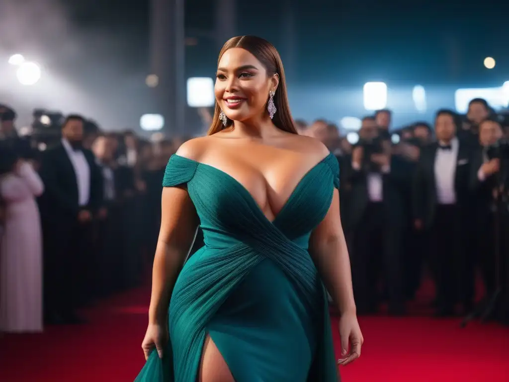 Actriz de talla grande empoderada en la alfombra roja Una actriz de tallas plus size camina segura en la alfombra roja, irradiando empoderamiento y elegancia