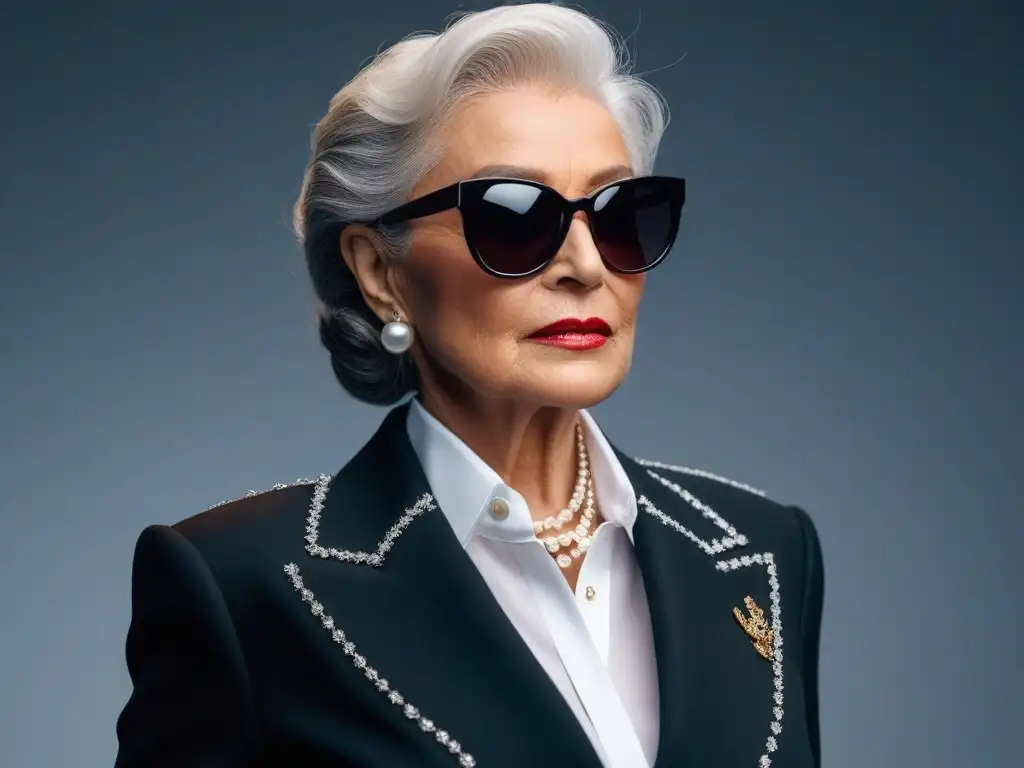 Estilo senior: Elegancia atemporal y moderna en blazer negro Actualización del armario senior en tallas especiales: Detalle elegante de una mujer mayor luciendo un blazer negro y accesorios de perlas