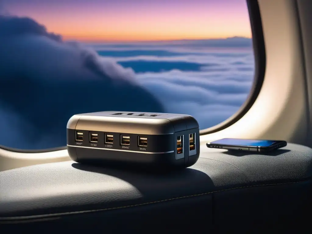 Adaptador de viaje universal de lujo con USB múltiples - Conectividad y elegancia en el aire Un adaptador de viaje de lujo con múltiples puertos USB e enchufes internacionales, en un entorno lujoso de avión al atardecer