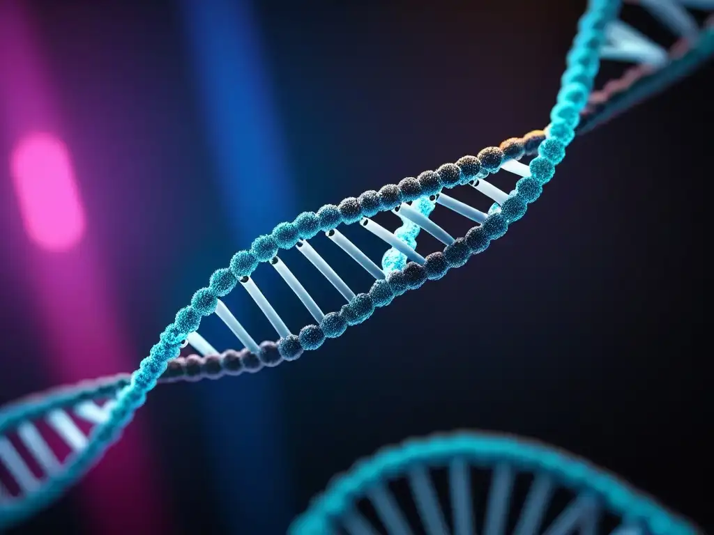 Helice de ADN brillante: tratamiento de belleza personalizado Un ADN brillante con marcadores genéticos, en un fondo futurista