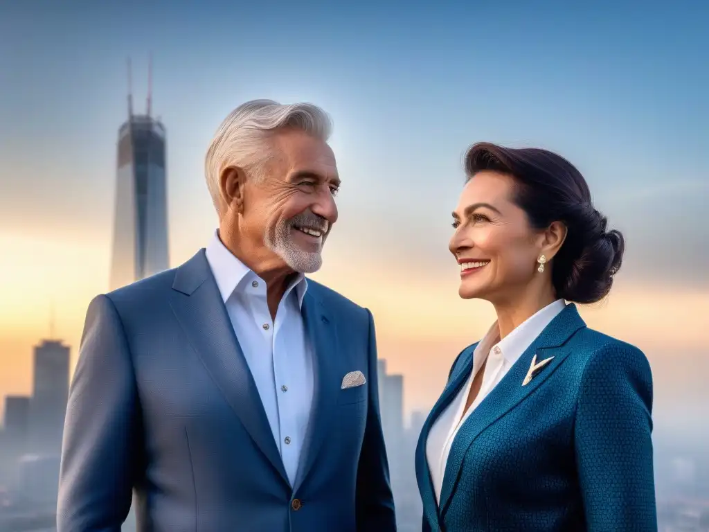 Elegante pareja de mayores confiados en la ciudad Dos adultos mayores elegantes y seguros de sí mismos en un paisaje urbano moderno