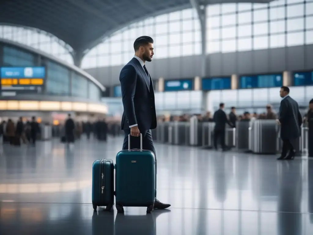 Maletas de lujo para todos: elegancia en el aeropuerto Un aeropuerto bullicioso donde viajeros de diferentes cuerpos muestran sus maletas elegantes
