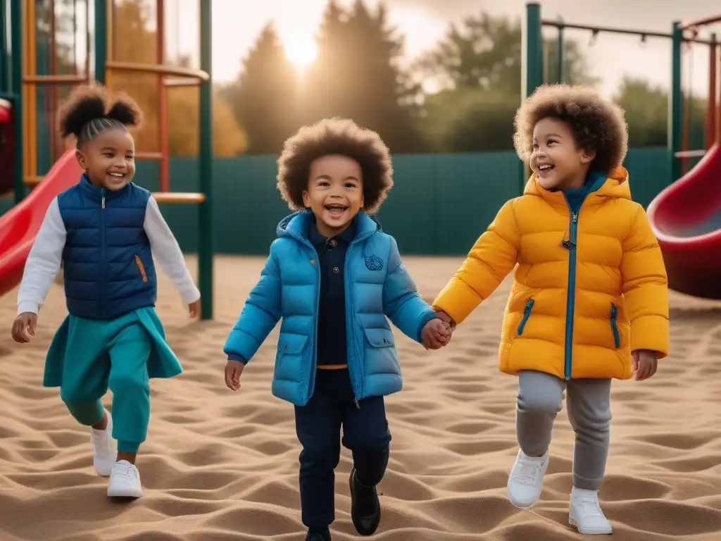 Moda infantil inclusiva: niños felices jugando juntos en un parque en 2023 Alegre comunidad infantil diversa viste marcas ropa infantil inclusiva 2023, reflejando inclusión y diversidad