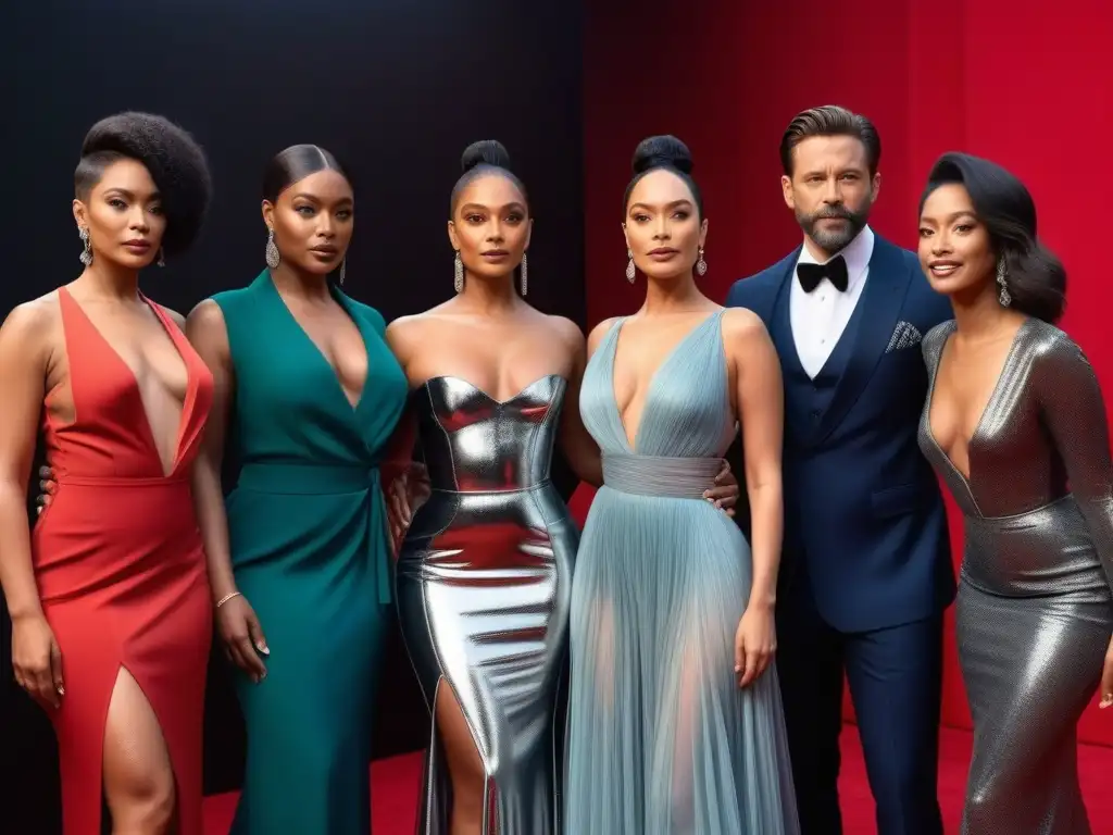 Estrellas diversas brillan en alfombra roja de Hollywood Una alfombra roja vibrante y moderna con moda inclusiva en la industria, actores de diversas etnias y cuerpos, celebrando la diversidad en Hollywood