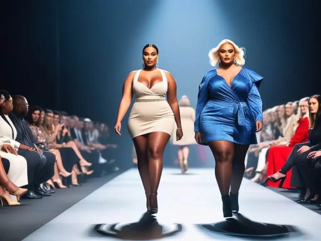 Desfile de moda inclusivo con modelos de tallas grandes empoderadas Alianzas estratégicas en moda tallas especiales: Desfile con modelos plus size luciendo prendas elegantes y modernas, empoderamiento y diversidad