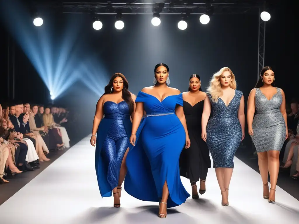 Desfile de moda inclusivo: modelos plus size empoderadas Alianzas estratégicas moda tallas especiales: Desfile de modelos plus size seguras y estilosas en una pasarela vibrante de diversidad y empoderamiento
