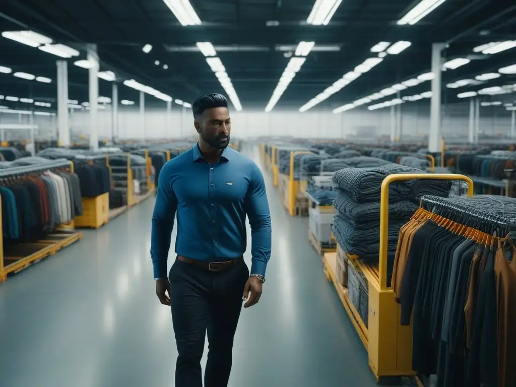 Almacén de moda inclusivo y eficiente: logística de vanguardia Un almacén de moda inclusiva y moderna, con trabajadores diversos colaborando de manera eficiente