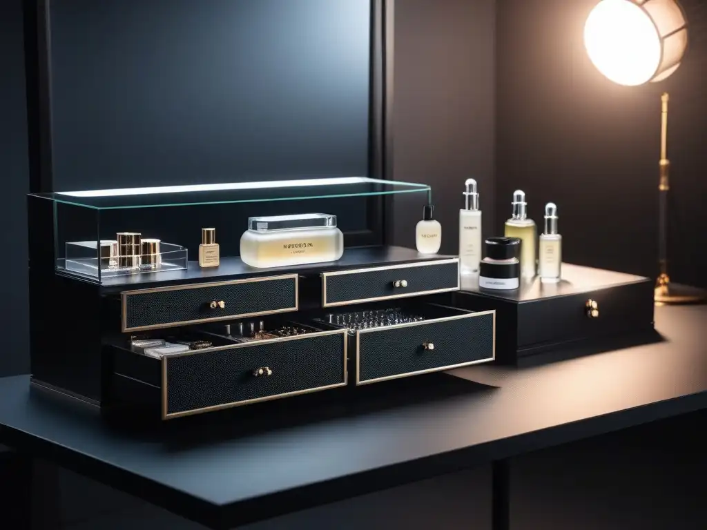 Vanity table de lujo con productos de belleza organizados Almacenamiento correcto de productos de belleza de lujo organizados en elegante tocador