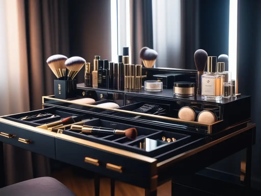Vanity table de lujo con productos de belleza de alta gama Almacenamiento correcto de productos de belleza de lujo en moderna y elegante mesa de tocador