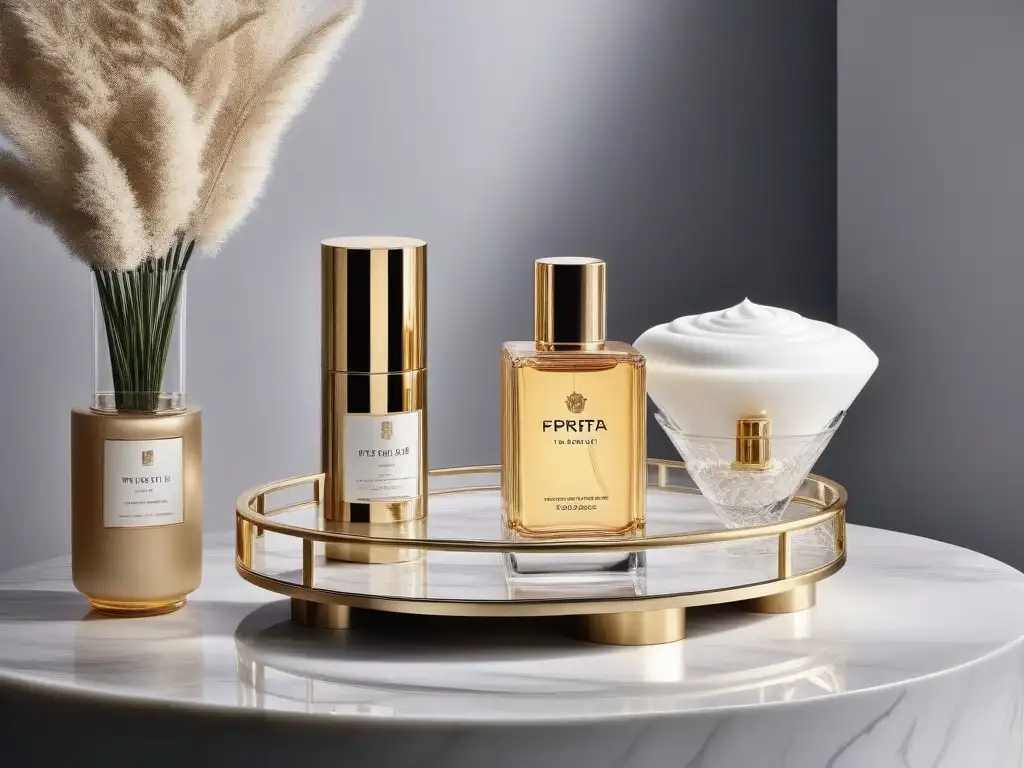 Escena de lujo: tocador de oro y productos de belleza premium Almacenamiento correcto productos belleza lujo: Elegante tocador con productos de alta gama en bandejas de mármol, iluminado con luces tenues