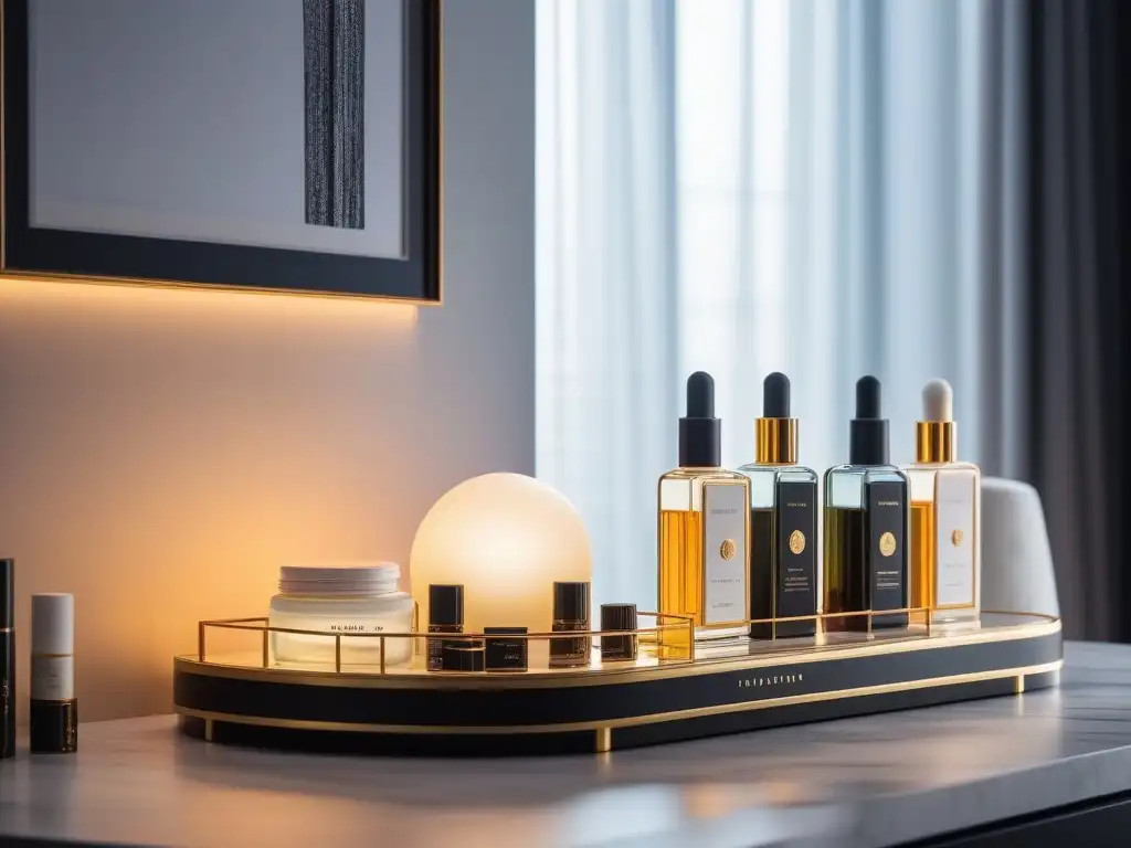 Vanity table de lujo con productos de belleza de alta gama Almacenamiento correcto productos belleza lujo: Vanity table con productos de alta gama organizados y elegante iluminación