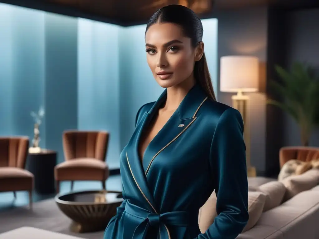 Elegante loungewear para personas altas en un lujoso entorno Un alto individuo elegante en un lujoso salón con pijamas loungewear, que equilibra comodidad y estilo con decoración moderna