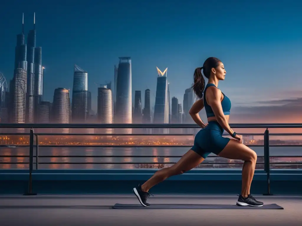 Estilo de vida activo en la ciudad al amanecer: yoga, running y más Un amanecer vibrante en la ciudad con personas diversas haciendo ejercicio, desmitificando la realidad de los productos adelgazantes