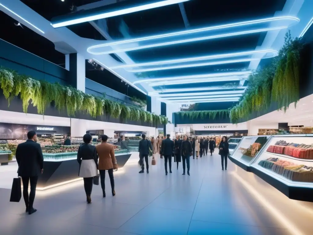 Centro comercial futurista: diversidad y armonía en compras Ambiente de compras seguro e inclusivo en un centro comercial futurista con arquitectura de vidrio y diversidad de personas felices comprando juntas