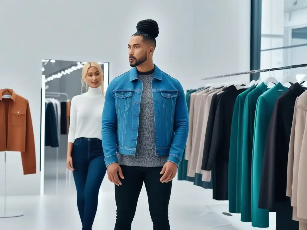 Tienda de moda inclusiva: modelos diversos lucen colección innovadora Un ambiente dinámico y inclusivo en una tienda de moda moderna, con modelos de diferentes etnias, tipos de cuerpo y habilidades
