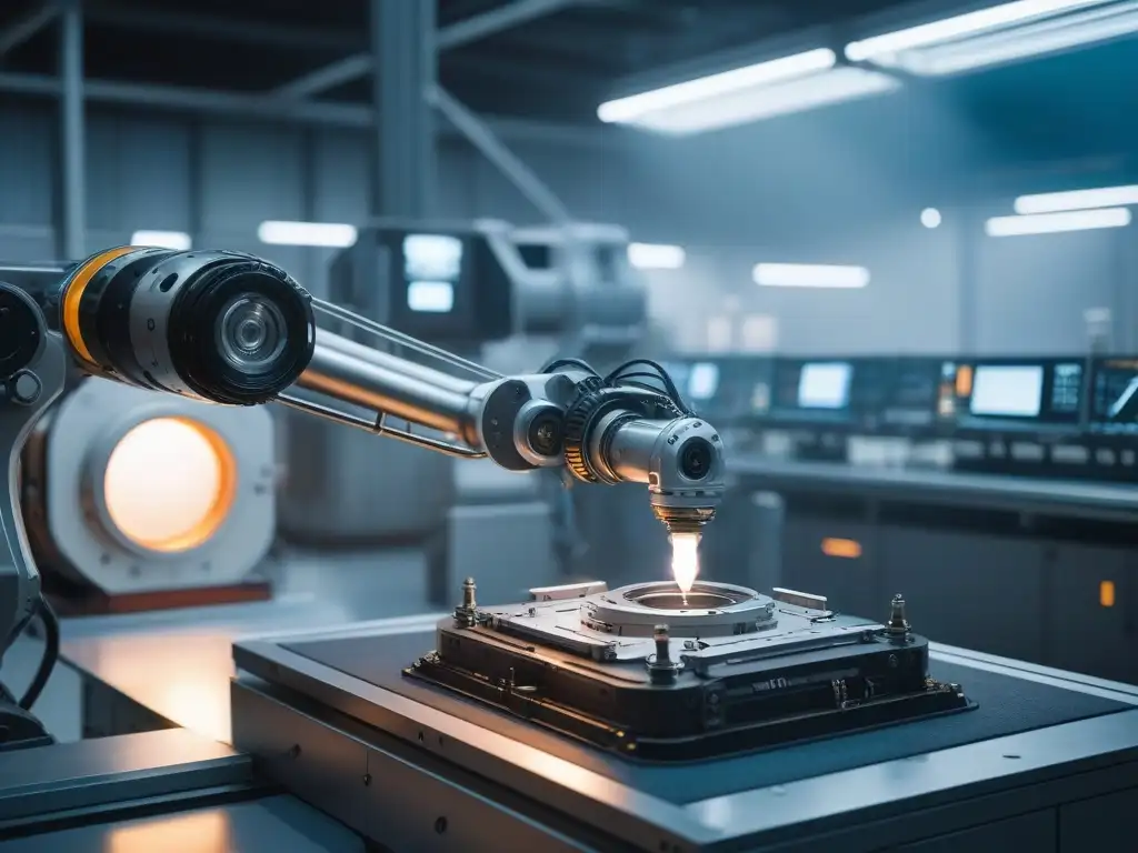 Robótica de vanguardia en la confección de prendas personalizadas En un ambiente futurista, un brazo robótico cose una prenda a medida en una instalación de producción de ropa tallas especiales de alta tecnología, iluminada por un suave resplandor etéreo de innovación y progreso